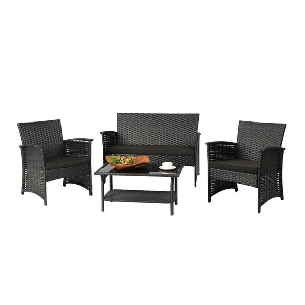 Baner Garden Outdoor Furniture Complete Patio Cushion Wicker Rattan Garden Set Full Size Black 4 Piece N82